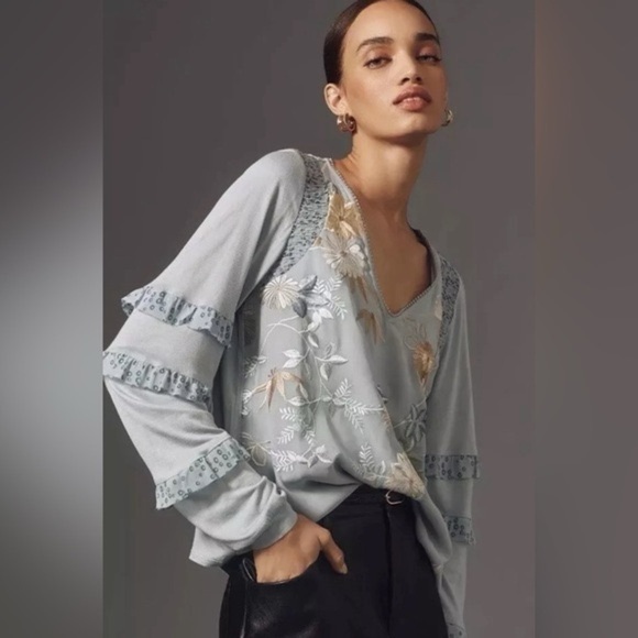 Tiny Brand Anthropologie Women’s Blue Motif Long-Sleeve Ruffled Top size varies - Picture 2 of 14